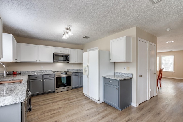 4504 Courtside Dr, Mckinney, TX 75070 - kitchen featuring appliances with stainless steel finishes, a sink, gray cabinetry, light wood-type flooring, and a textured ceiling