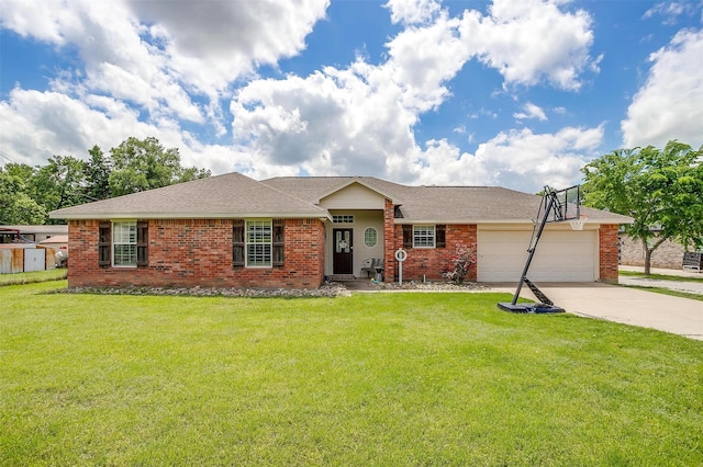 single story home with driveway, brick siding, an attached garage, a shingled roof, and a front yard