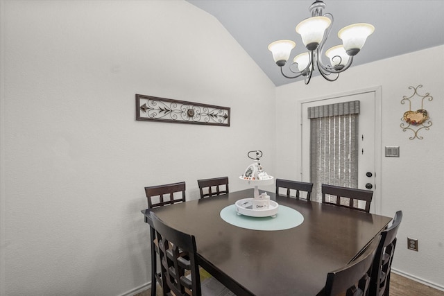 405 Londonderry Ln, Mansfield, TX 76063 - dining space featuring dark wood finished floors, vaulted ceiling, baseboards, and a notable chandelier