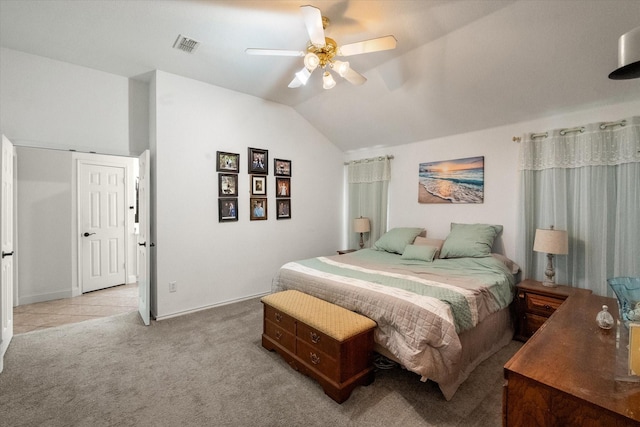 405 Londonderry Ln, Mansfield, TX 76063 - bedroom featuring baseboards, visible vents, light colored carpet, lofted ceiling, and a ceiling fan