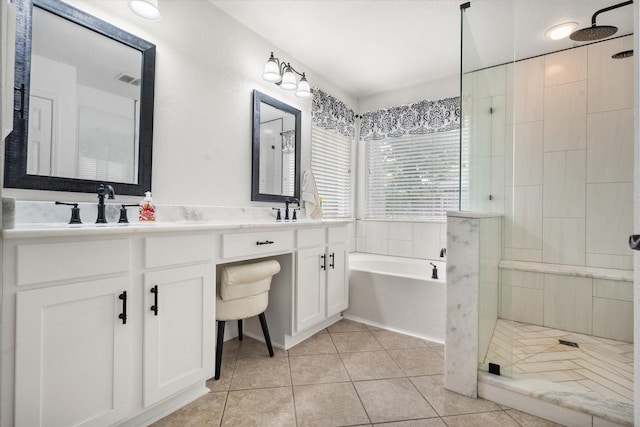 405 Londonderry Ln, Mansfield, TX 76063 - full bath featuring tile patterned floors, a sink, double vanity, tiled shower, and a garden tub
