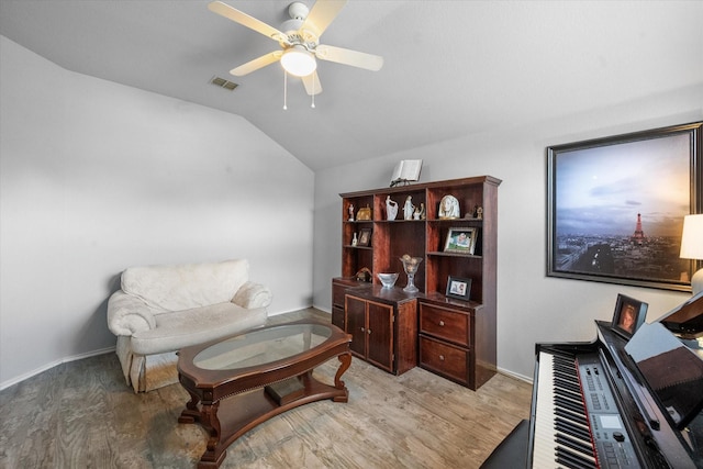 405 Londonderry Ln, Mansfield, TX 76063 - sitting room featuring light wood finished floors, baseboards, visible vents, lofted ceiling, and ceiling fan