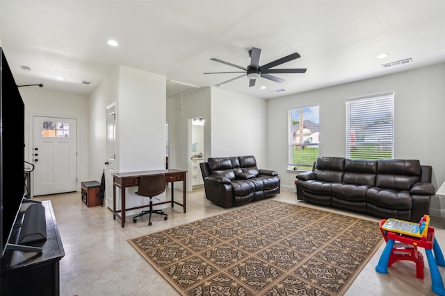 living room featuring recessed lighting, plenty of natural light, visible vents, and ceiling fan