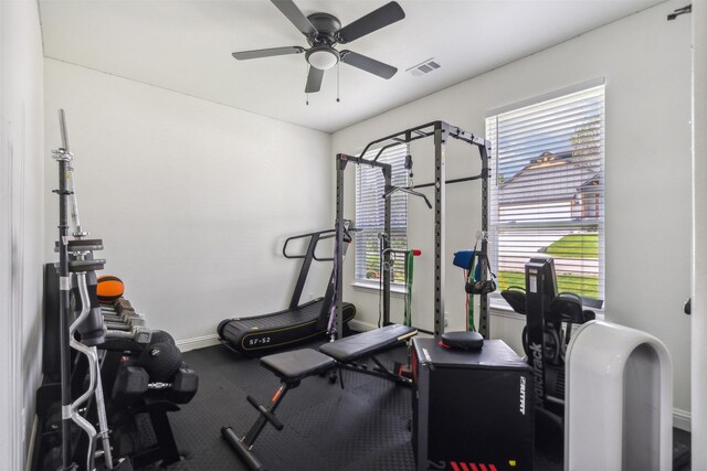 workout area with baseboards, a ceiling fan, and visible vents