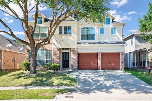 view of front of property featuring concrete driveway, a front lawn, brick siding, and a garage