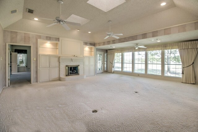 unfurnished living room with recessed lighting, vaulted ceiling, visible vents, carpet floors, and ceiling fan