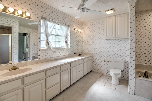full bath with toilet, a sink, a shower stall, and ornamental molding