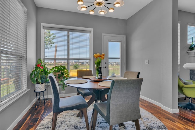 dining space with a chandelier, plenty of natural light, and wood finished floors