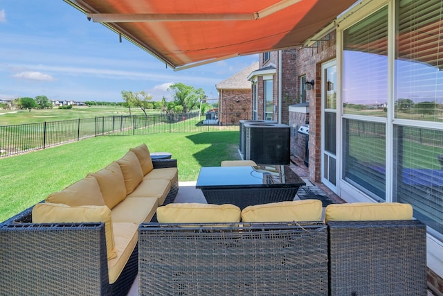 view of patio / terrace featuring a fenced backyard, an outdoor hangout area, and central AC