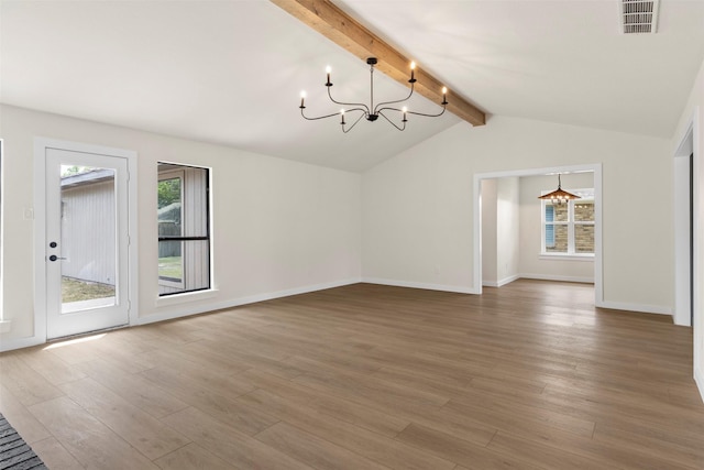 4524 Boston Dr, Plano, TX 75093 - unfurnished dining area featuring a chandelier, visible vents, lofted ceiling with beams, and wood finished floors