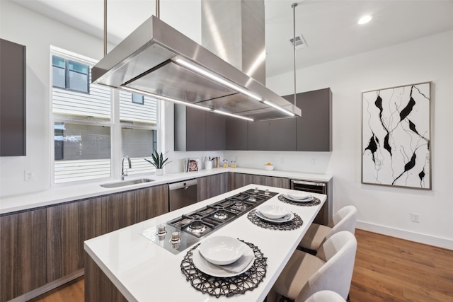 3040 Chimes St, Dallas, TX 75219 - kitchen with modern cabinets, island exhaust hood, a sink, stainless steel appliances, and light countertops