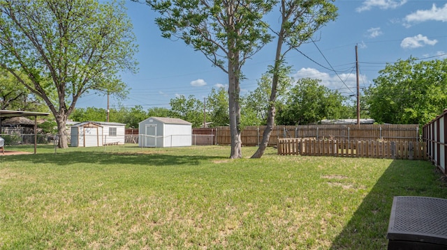view of yard with a fenced backyard, an outdoor structure, and a shed