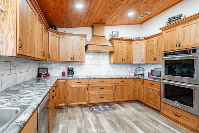 3734 Fm 600 S, Anson, TX 79501 - kitchen featuring visible vents, a sink, wood ceiling, appliances with stainless steel finishes, and custom range hood