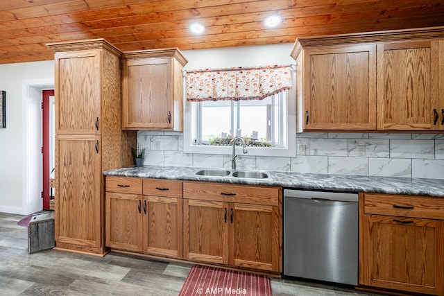 3734 Fm 600 S, Anson, TX 79501 - kitchen featuring stainless steel dishwasher, a sink, recessed lighting, decorative backsplash, and wood ceiling