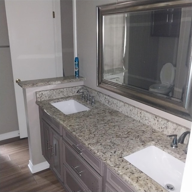 full bathroom featuring baseboards, wood finished floors, a sink, and double vanity