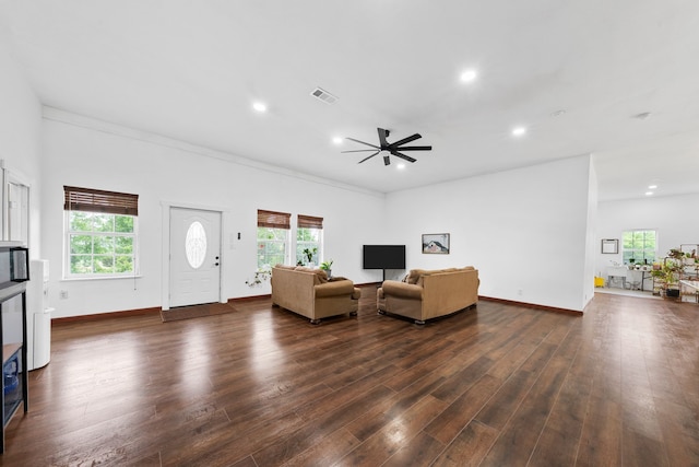 living area with recessed lighting, dark wood-style floors, visible vents, baseboards, and ceiling fan