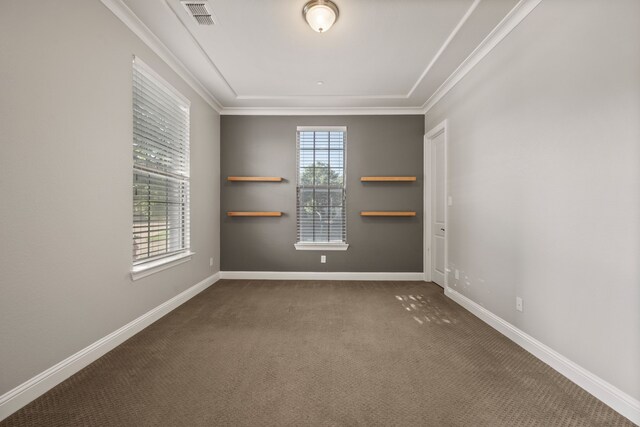 1001 Broadmoor Way, Roanoke, TX 76262 - unfurnished room featuring dark colored carpet, visible vents, baseboards, and ornamental molding