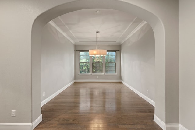1001 Broadmoor Way, Roanoke, TX 76262 - unfurnished dining area with baseboards, wood finished floors, a chandelier, and ornamental molding