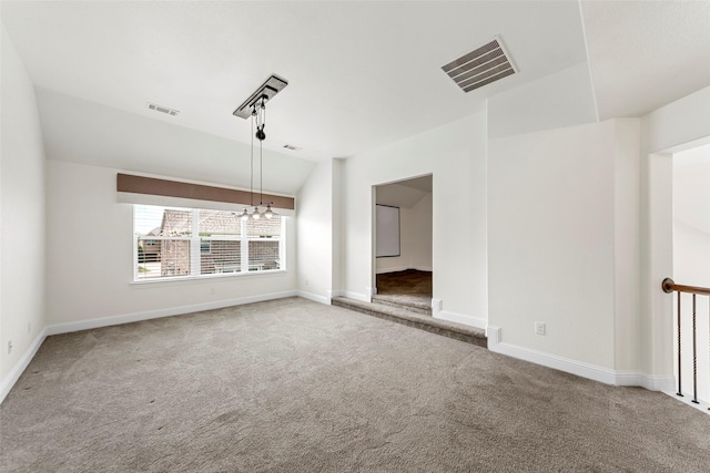 944 Abbott Ln, Allen, TX 75013 - unfurnished room with carpet floors, baseboards, lofted ceiling, and a chandelier