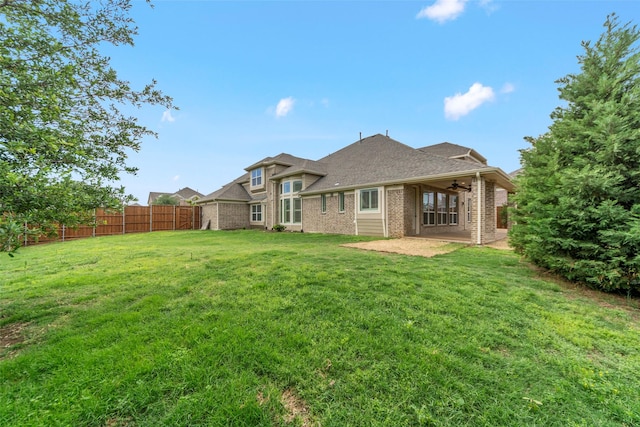 944 Abbott Ln, Allen, TX 75013 - rear view of property featuring ceiling fan, brick siding, a patio, and roof with shingles