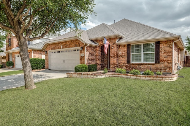 1109 Crest Meadow Dr, Fort Worth, TX 76052 - ranch-style home featuring a front lawn, a garage, a shingled roof, driveway, and brick siding