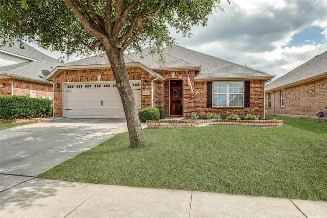1109 Crest Meadow Dr, Fort Worth, TX 76052 - single story home featuring brick siding, roof with shingles, a front lawn, concrete driveway, and an attached garage