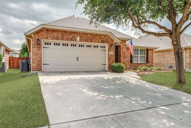 1109 Crest Meadow Dr, Fort Worth, TX 76052 - ranch-style home with a front lawn, central air condition unit, driveway, brick siding, and fence