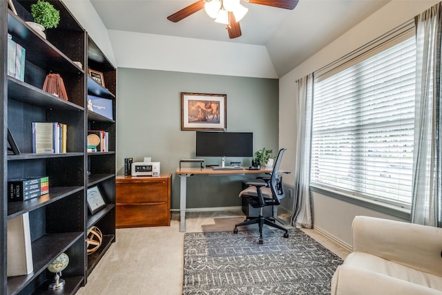1109 Crest Meadow Dr, Fort Worth, TX 76052 - carpeted office space with a healthy amount of sunlight, a ceiling fan, and vaulted ceiling