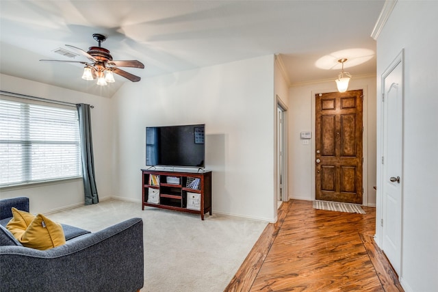 1109 Crest Meadow Dr, Fort Worth, TX 76052 - living area with ceiling fan, crown molding, visible vents, and baseboards