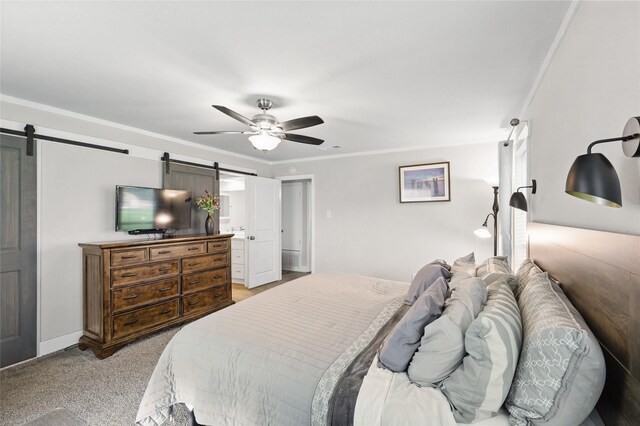 5247 Fm 1569, Farmersville, TX 75442 - unfurnished bedroom with ceiling fan, a barn door, carpet, baseboards, and ornamental molding