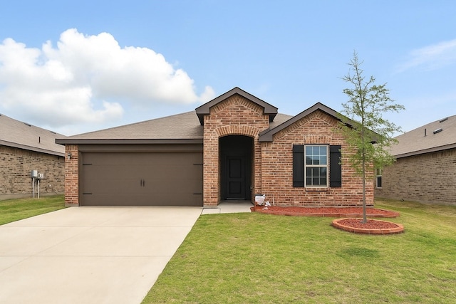 ranch-style home with driveway, a shingled roof, brick siding, a front lawn, and a garage