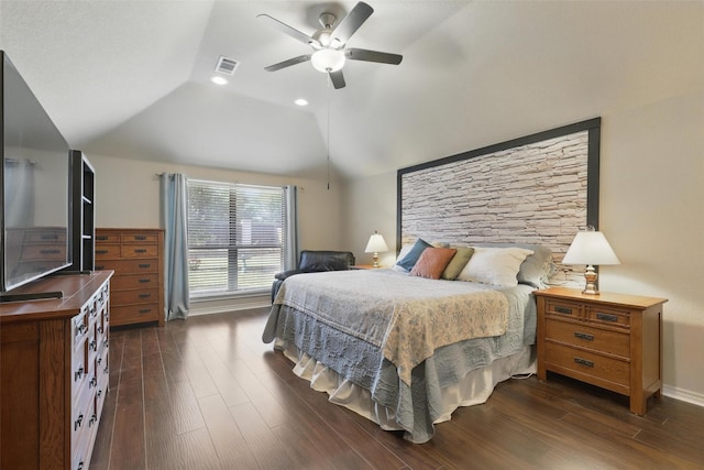 1220 Chaparral Ln, Granbury, TX 76048 - bedroom with vaulted ceiling, visible vents, ceiling fan, and dark wood-style flooring