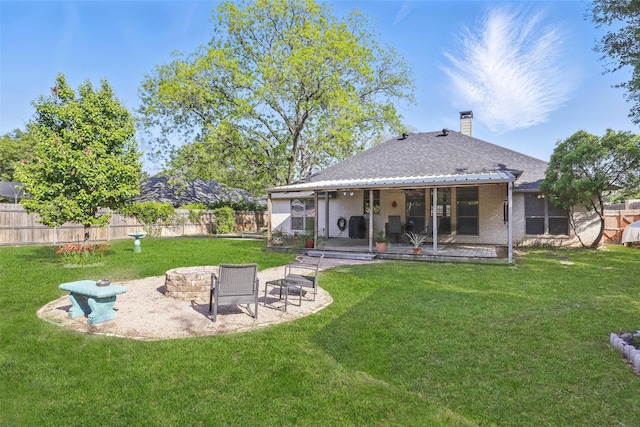 1220 Chaparral Ln, Granbury, TX 76048 - rear view of property with a lawn, a fenced backyard, a chimney, and a patio