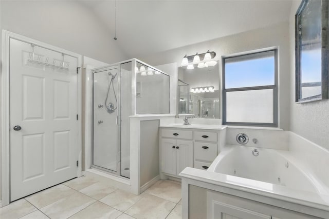 1220 Chaparral Ln, Granbury, TX 76048 - full bath with tile patterned floors, a stall shower, lofted ceiling, a jetted tub, and vanity