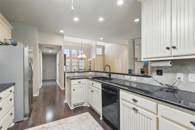 1220 Chaparral Ln, Granbury, TX 76048 - kitchen featuring a peninsula, a sink, stainless steel fridge, an inviting chandelier, and black dishwasher