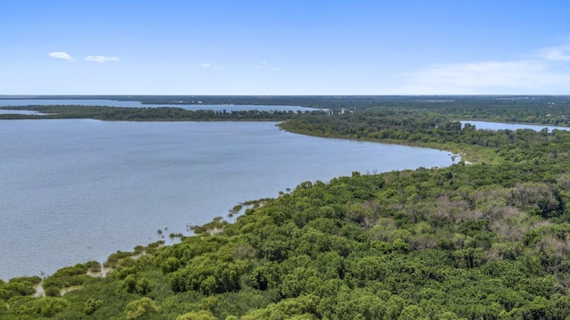 aerial view with a forest view and a water view