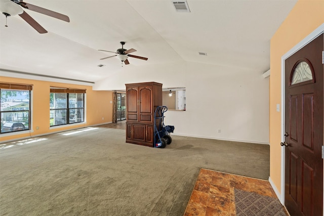 156 King Arthur Rd, Mabank, TX 75156 - entryway with a ceiling fan, carpet floors, vaulted ceiling, and baseboards