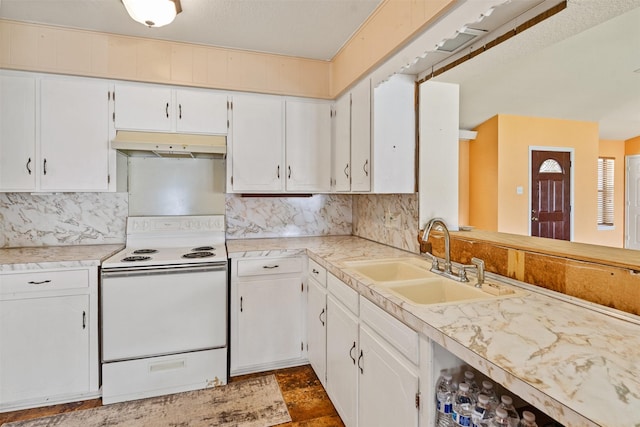 156 King Arthur Rd, Mabank, TX 75156 - kitchen featuring white range with electric stovetop, a sink, under cabinet range hood, and tasteful backsplash