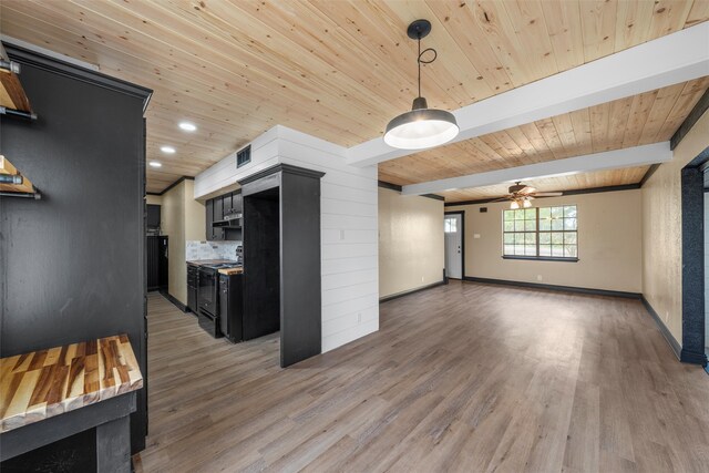 kitchen with dark cabinets, wooden ceiling, light wood finished floors, and ceiling fan