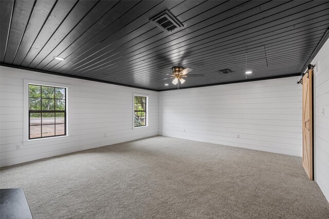 empty room with a barn door, carpet floors, and plenty of natural light