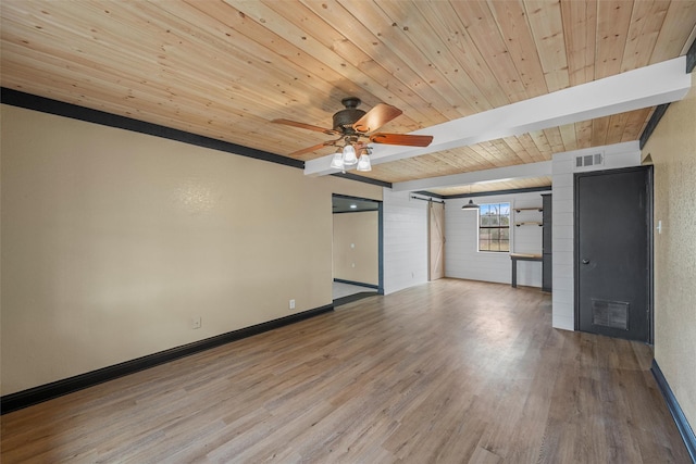 unfurnished room with wood finished floors, visible vents, beamed ceiling, wood ceiling, and ceiling fan
