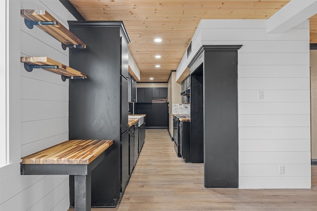 kitchen with light wood finished floors, recessed lighting, dark cabinetry, open shelves, and wooden ceiling
