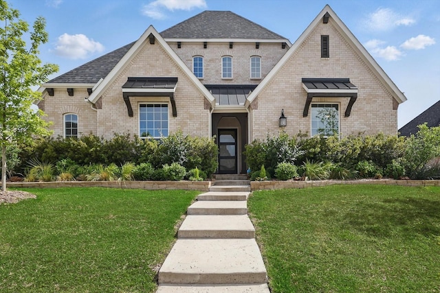 view of front of property featuring a standing seam roof, a shingled roof, brick siding, and a front yard