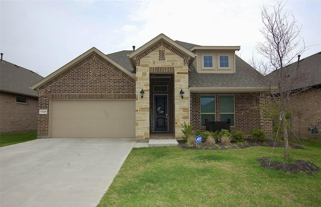 view of front of property with driveway, stone siding, roof with shingles, brick siding, and a garage