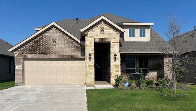 11508 Planter Ln, Fort Worth, TX 76244 - french country home featuring concrete driveway, an attached garage, brick siding, and roof with shingles