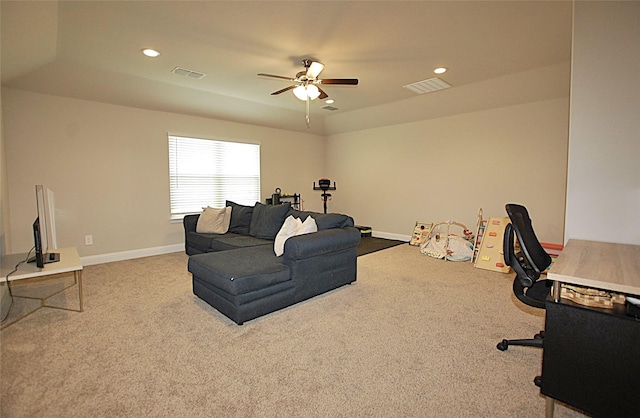 carpeted living room featuring visible vents, a ceiling fan, recessed lighting, and baseboards
