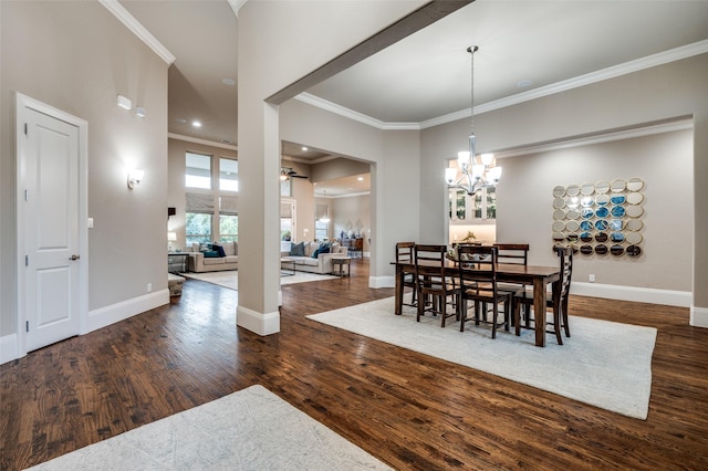 2500 Greenspoint Ln, Prosper, TX 75078 - dining room with ornamental molding, wood finished floors, a chandelier, baseboards, and recessed lighting
