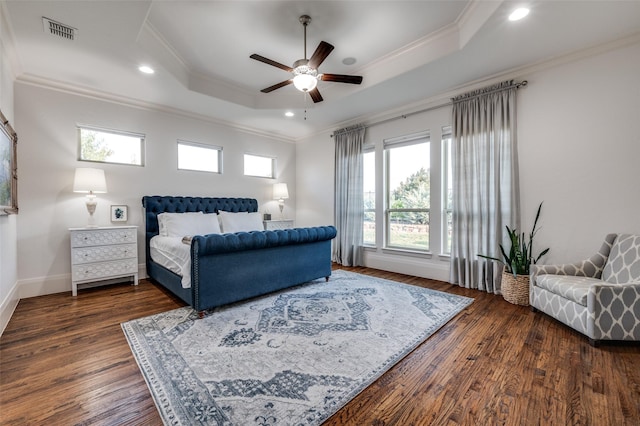 2500 Greenspoint Ln, Prosper, TX 75078 - bedroom featuring a tray ceiling, ornamental molding, dark wood-type flooring, a ceiling fan, and baseboards