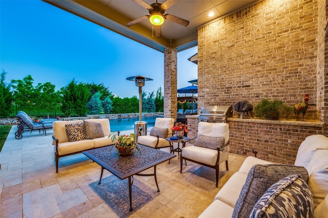 view of patio / terrace featuring an outdoor pool, a ceiling fan, an outdoor hangout area, fence, and area for grilling
