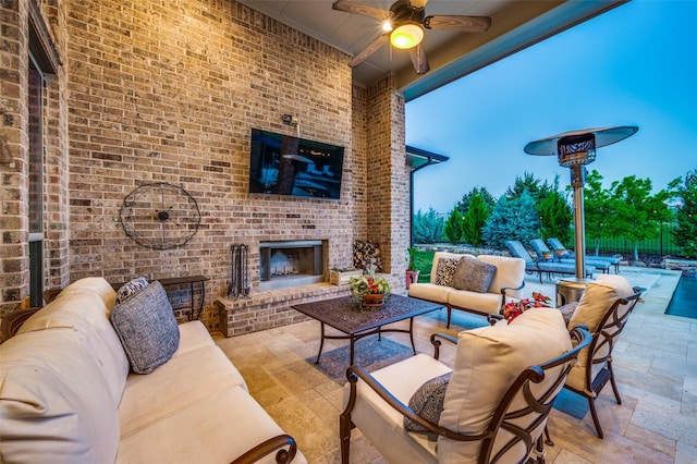 2500 Greenspoint Ln, Prosper, TX 75078 - view of patio / terrace with an outdoor living space with a fireplace, ceiling fan, and an outdoor pool